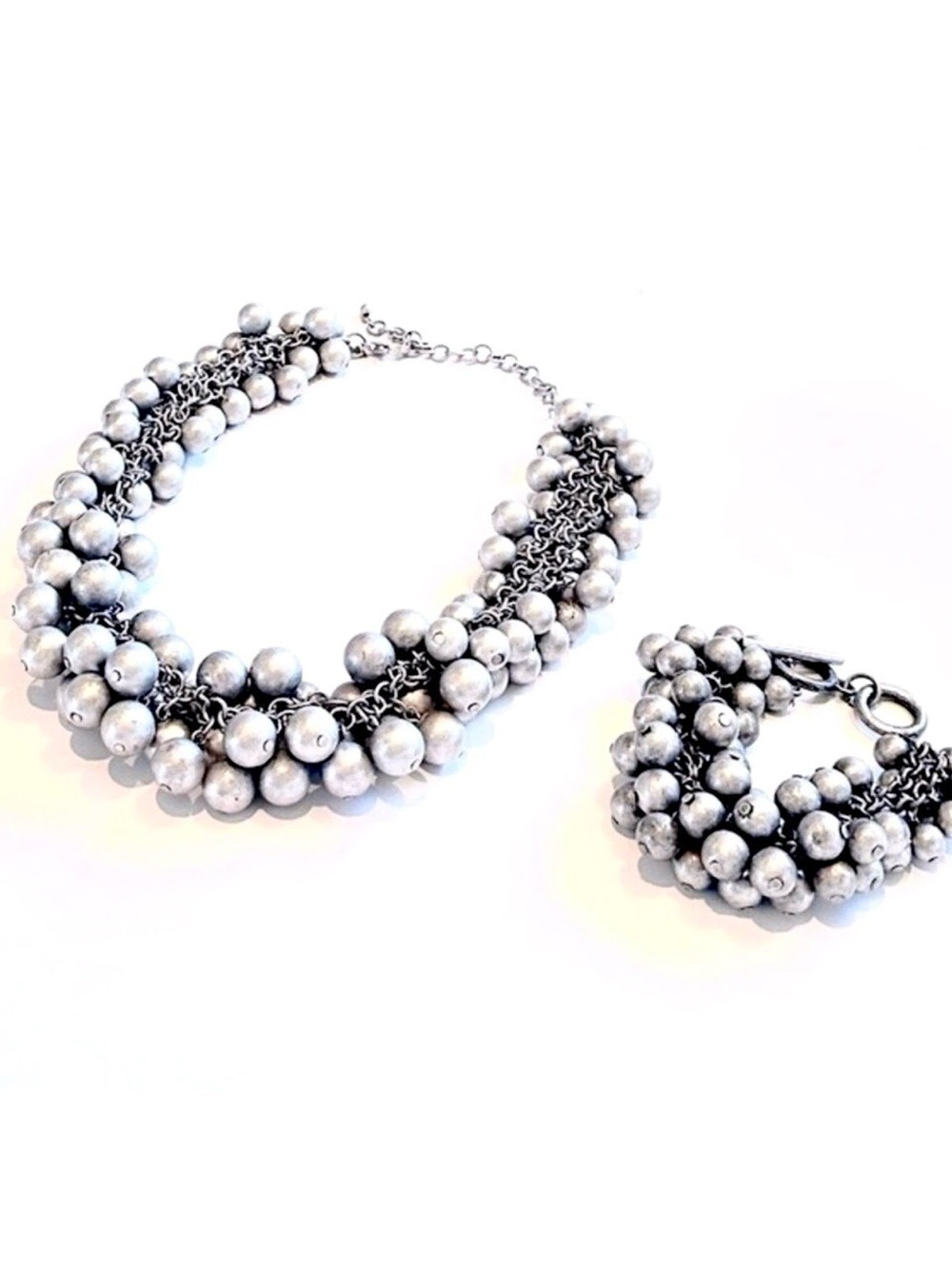 PREMIER DESIGNS Statement Necklace Bracelet Set Silver Pearl